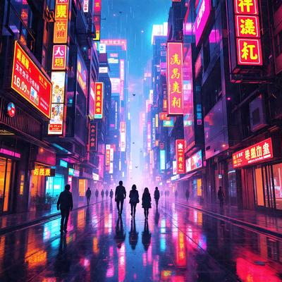 The primary subject of the image is a group of people walking down a rain-soaked city street at night. The setting is a bustling city with tall buildings and neon lights, creating a vibrant and lively atmosphere. The visual style is a combination of photo and digital art, giving the scene a unique and artistic appearance. The dominant colors are purple, pink, and blue, which contribute to the overall mood of the image, evoking a sense of mystery and enchantment.